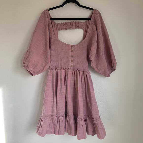 Free People Summer Picnic Smocked Balloon Sleeve Mini Dress in Purple Pink - Picture 2 of 15